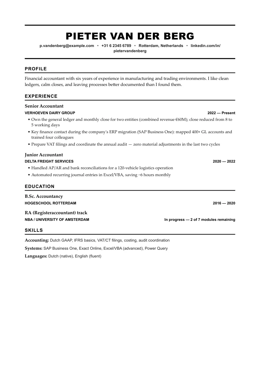 Pieter's resume — document preview, page 1