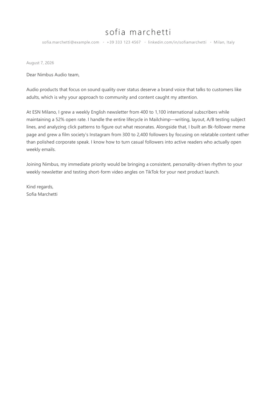 Sofia's cover letter — document preview, page 1