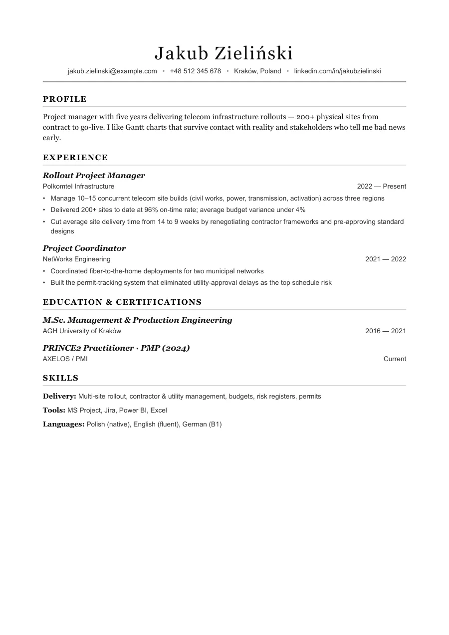 Jakub's resume — document preview, page 1